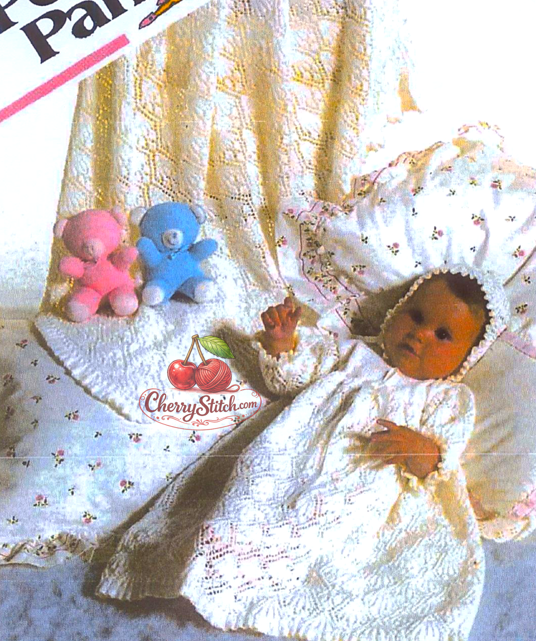 Vintage baby christening layette knitting pattern — all-over lace dress, bonnet and shawl. Exquisite heirloom set, worked bottom up from dress edging. 3ply yarn, 14''–16'' (36–41 cm) chest, premature baby and birth sizes. Shawl 46''×46''. Intermediate knitting.