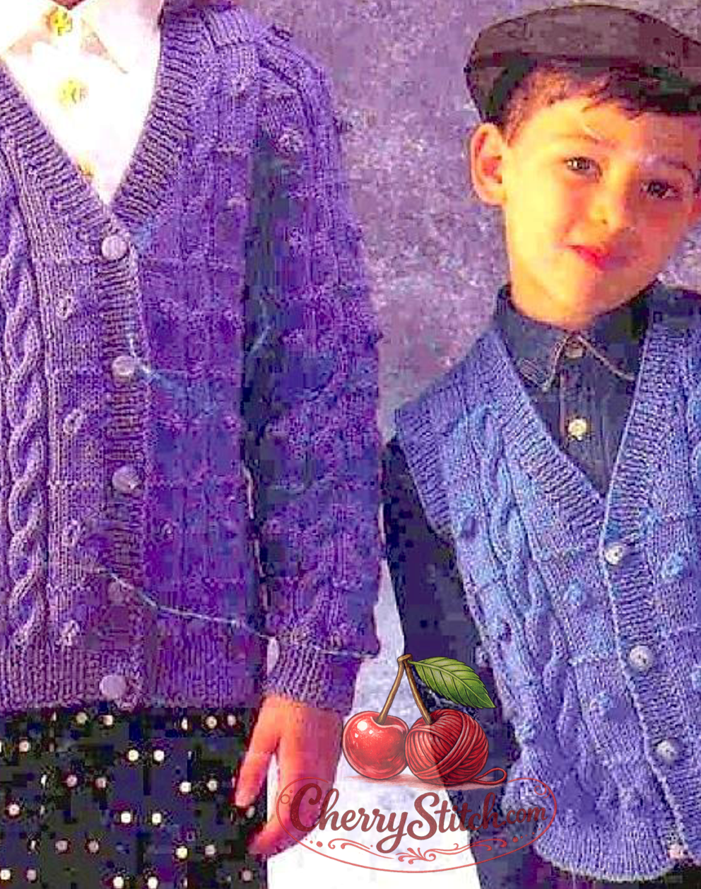 Cable and bobble stitch detail from vintage child's cardigan and waistcoat knitting pattern — V-neck, DK yarn, 22''–32'', approx. 2–12 years.