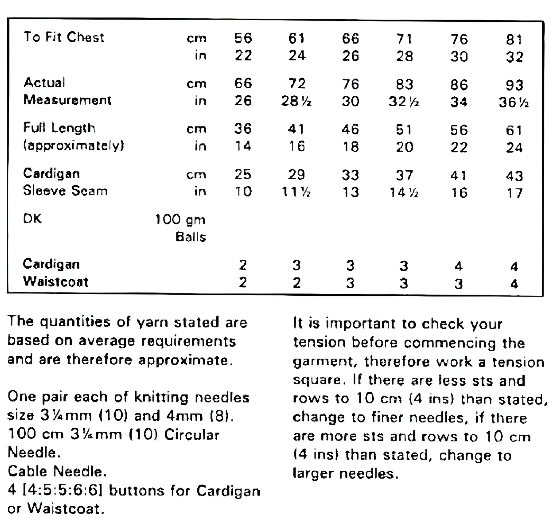 Materials and measurements for vintage child's cable and bobble cardigan and waistcoat knitting pattern — V-neck, DK 8ply yarn, 3.25mm and 4mm needles, circular needle, cable needle, 22''–32'' (56–81 cm), 2–12 years.