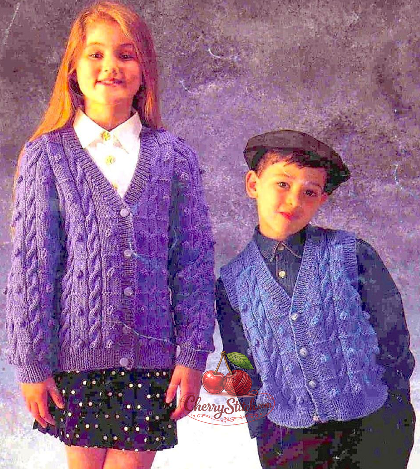 Vintage child's cable and bobble cardigan and waistcoat knitting pattern — both V-neck, cable and bobble stitch throughout. DK 8ply yarn, 22''–32'' (56–81 cm) chest, approx. 2–12 years. Intermediate knitting.