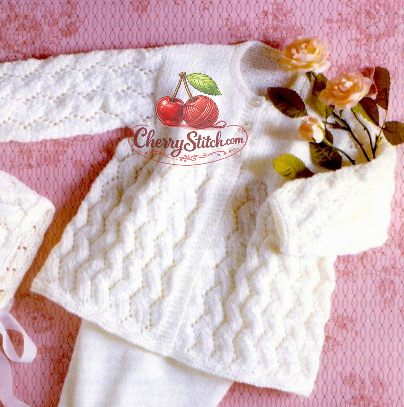 Zigzag lace stitch detail from vintage baby matinee coat, leggings, bonnet and helmet knitting pattern — DK yarn, 18''–20'', approx. 6 and 12 months.