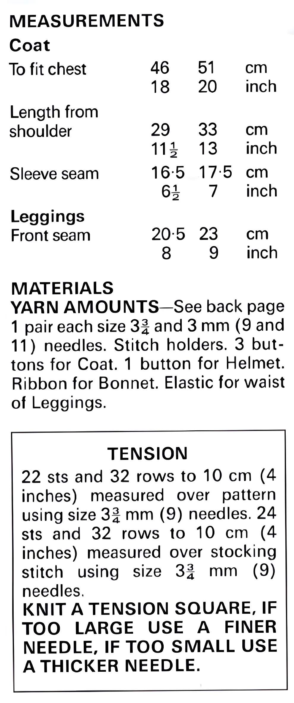 Materials and measurements for vintage baby matinee coat, leggings, bonnet and helmet knitting pattern — zigzag lace, DK 8ply yarn, 3.75mm and 3mm needles, 18''–20'' (46–51 cm), 6 and 12 months.