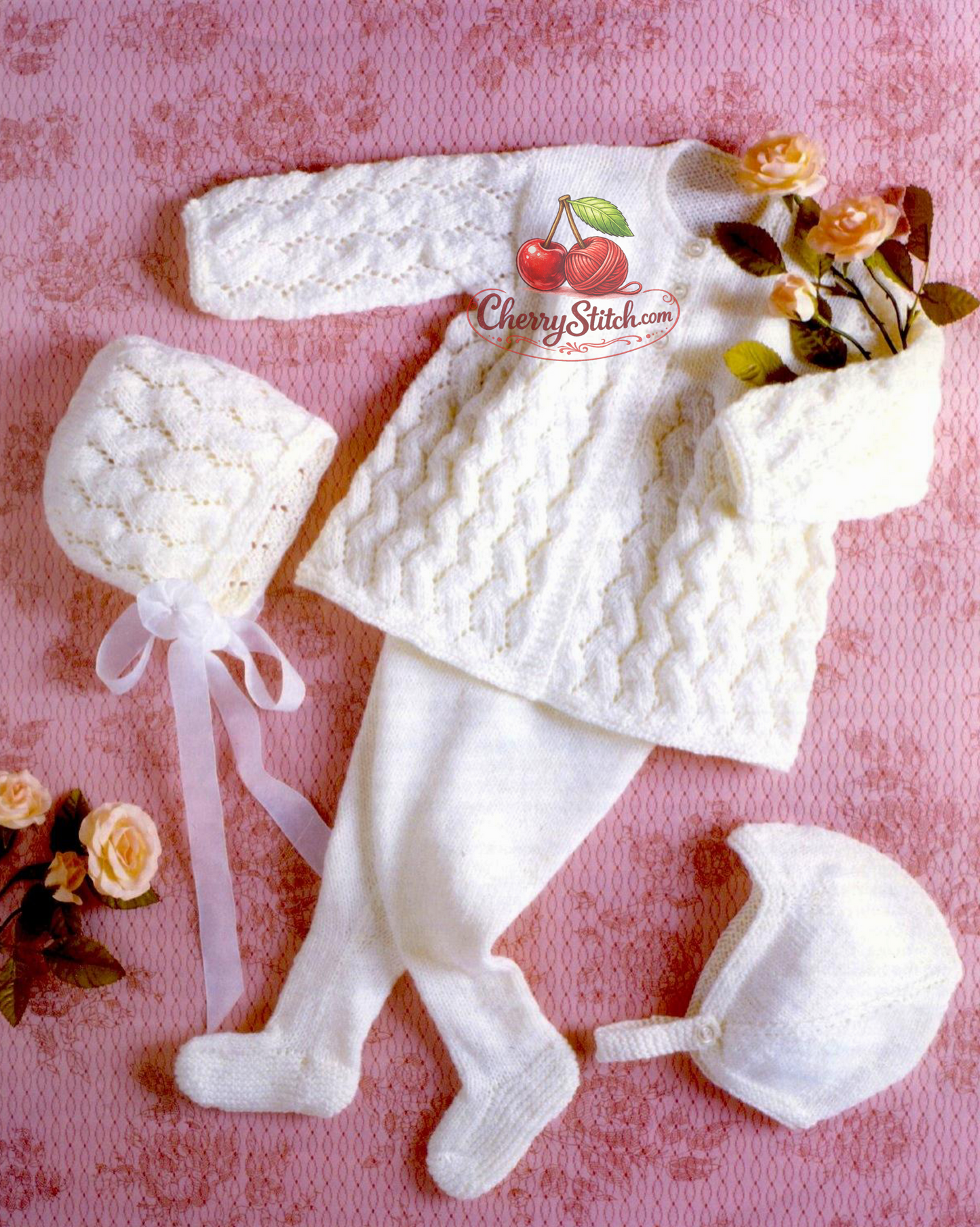 Vintage baby matinee coat, leggings, bonnet and helmet knitting pattern — zigzag lace stitch throughout. Pretty coordinated set for boys and girls, DK 8ply yarn, 18''–20'' (46–51 cm) chest, approx. 6 and 12 months. Wonderful baby shower gift. Intermediate knitting.