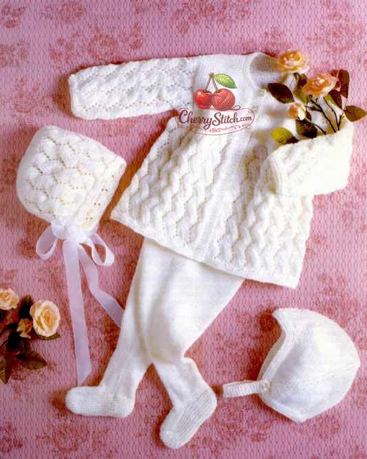 Vintage baby matinee coat, leggings, bonnet and helmet knitting pattern — zigzag lace stitch throughout. Pretty coordinated set for boys and girls, DK 8ply yarn, 18''–20'' (46–51 cm) chest, approx. 6 and 12 months. Wonderful baby shower gift. Intermediate knitting.