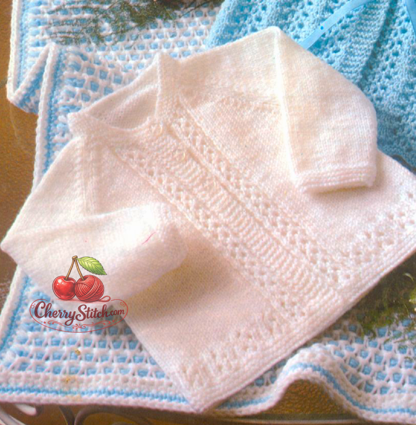 Lace stitch detail from vintage baby matinee jacket and pram cover knitting pattern — 2 raglan designs, V-neck and round neck, 4ply yarn, 18''–21'', approx. 6–18 months.