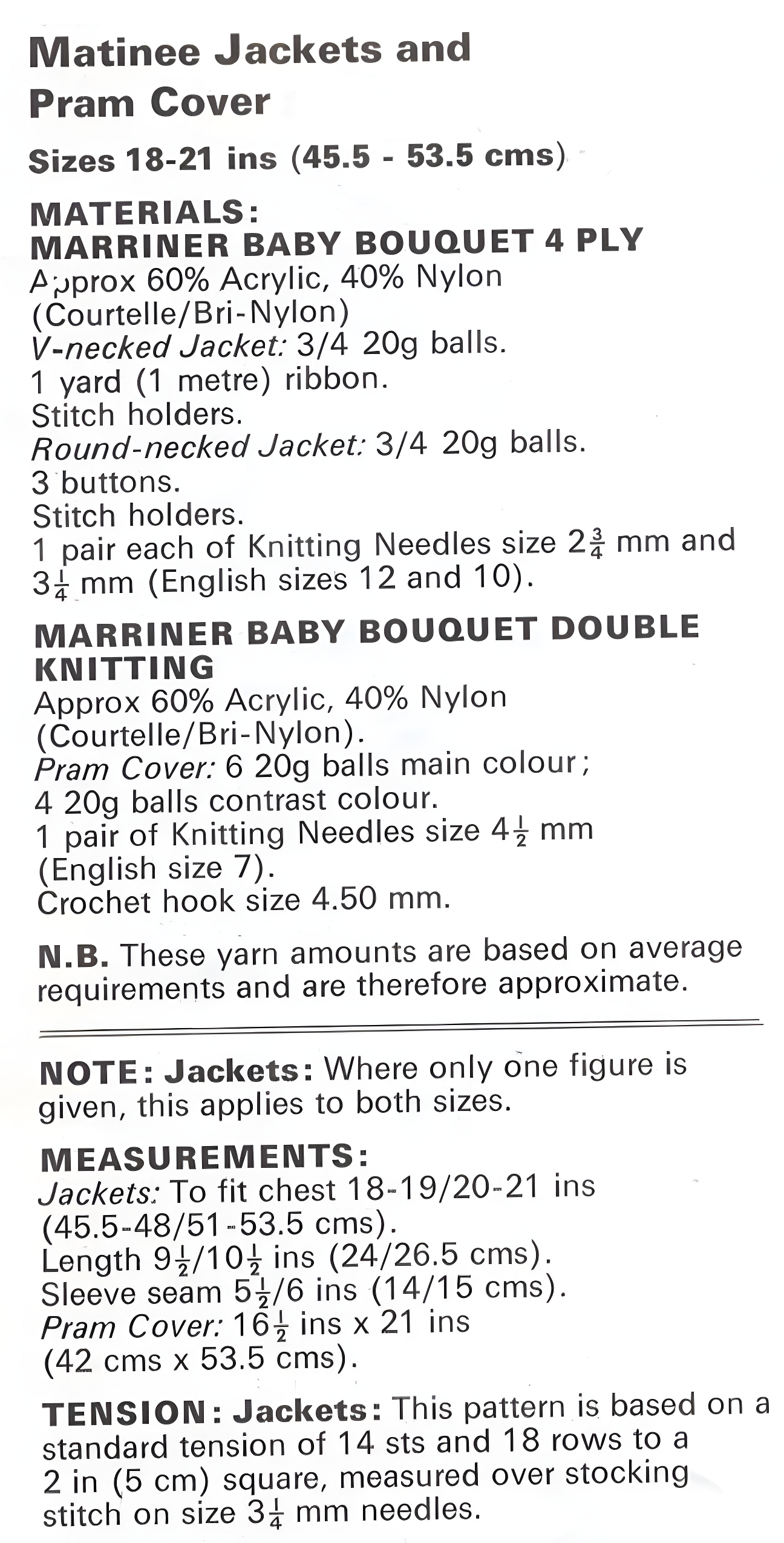 Materials and measurements for vintage baby matinee jacket and pram cover knitting pattern — 2 lace raglan designs, 4ply yarn for jackets, DK for pram cover (16.5''×21''), 18''–21'' (45.5–53.5 cm), 6–18 months.