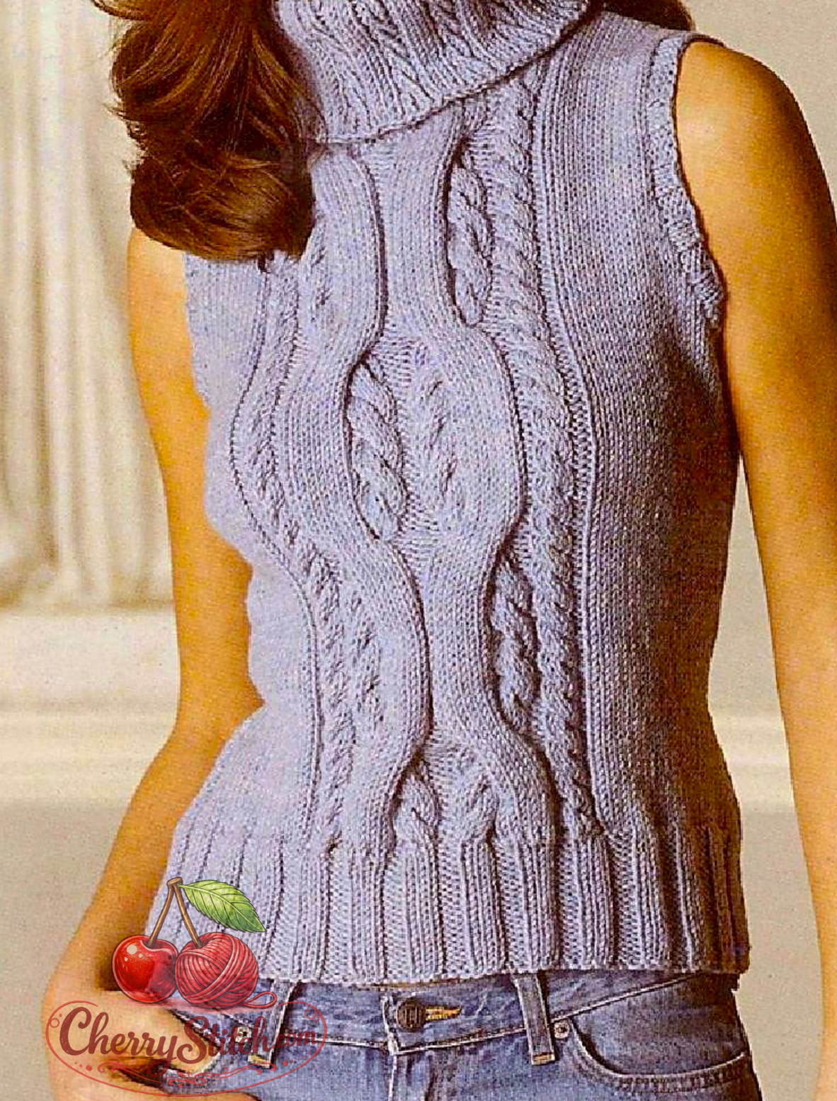 Celtic cable panel detail from vintage women's sleeveless sweater knitting pattern — high collar, Aran 10ply yarn, 32''–42'' bust.