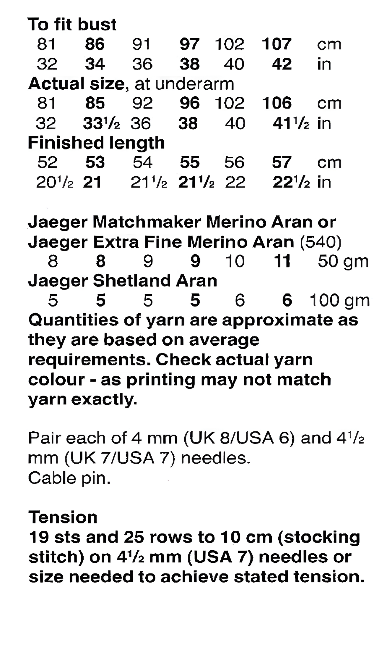 Materials and measurements for vintage women's Celtic cable sleeveless sweater knitting pattern — high collar, Aran 10ply yarn, 4mm and 4.5mm needles, cable needle, 32''–42'' (81–107 cm) bust.