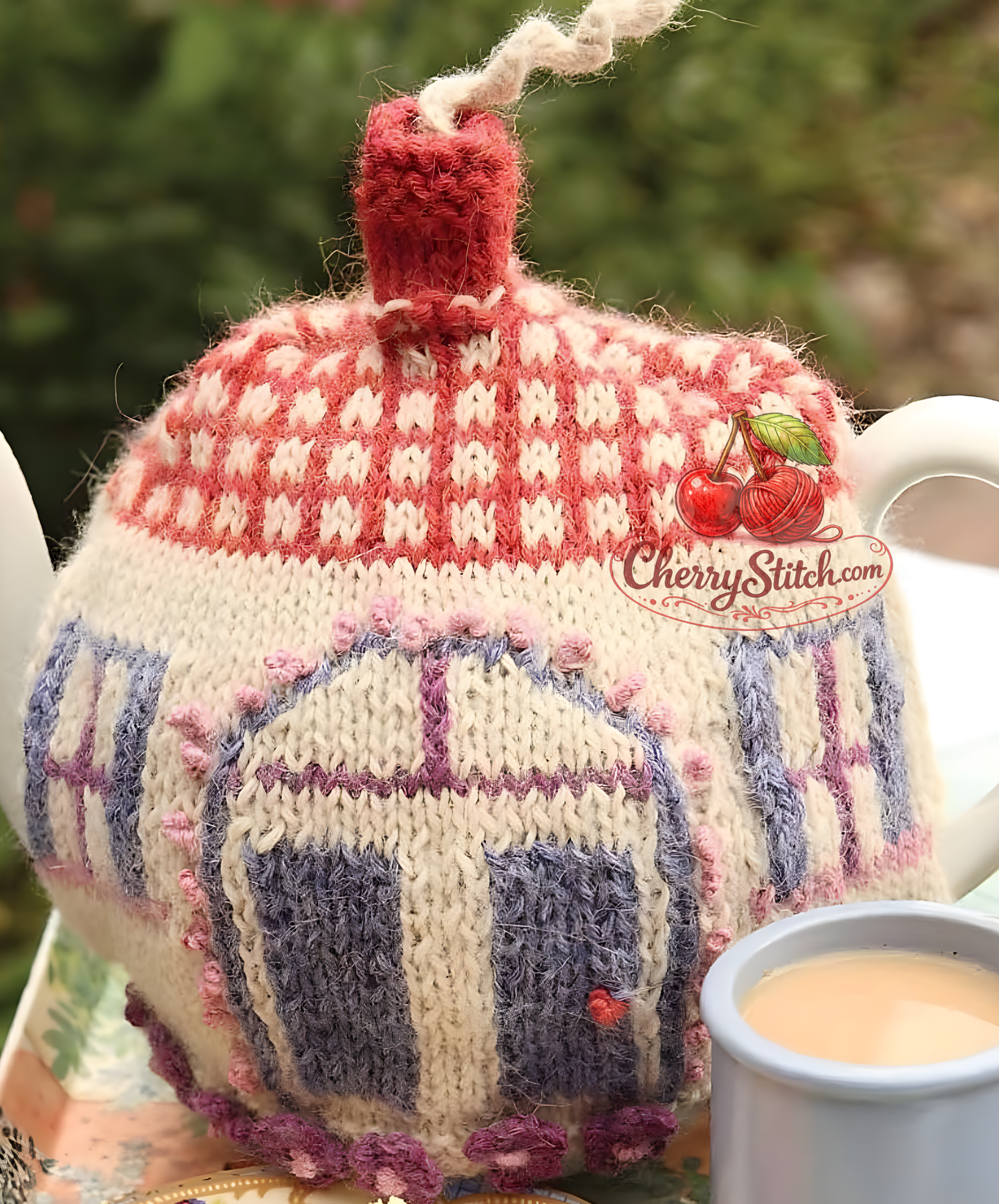 Crochet flower and smoke twirl detail from vintage country cottage tea cosy knitting pattern — colour chart design, DK 8ply yarn.

