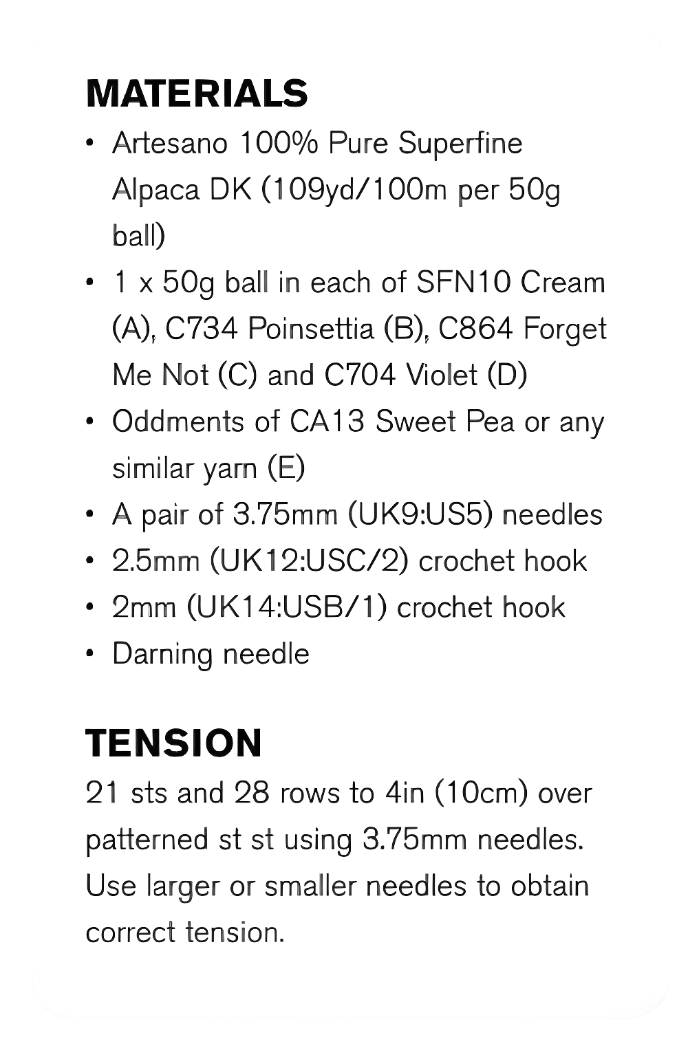 Materials and measurements for vintage country cottage tea cosy knitting pattern — colour chart, DK 8ply yarn, 3.75mm knitting needles, 2.75mm and 2mm crochet hooks for flowers and smoke twirl.

