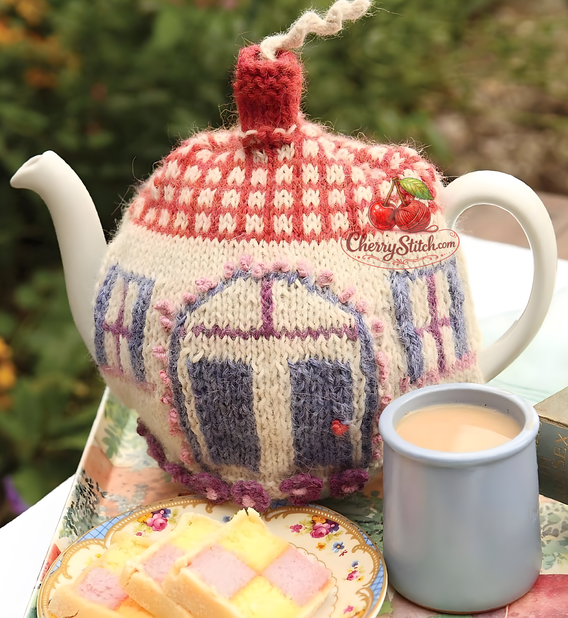 Vintage country cottage tea cosy knitting pattern — fairytale cottage design with crochet flowers and smoke twirl, two identical sides worked from a colour chart. DK 8ply yarn. Intermediate knitting.

