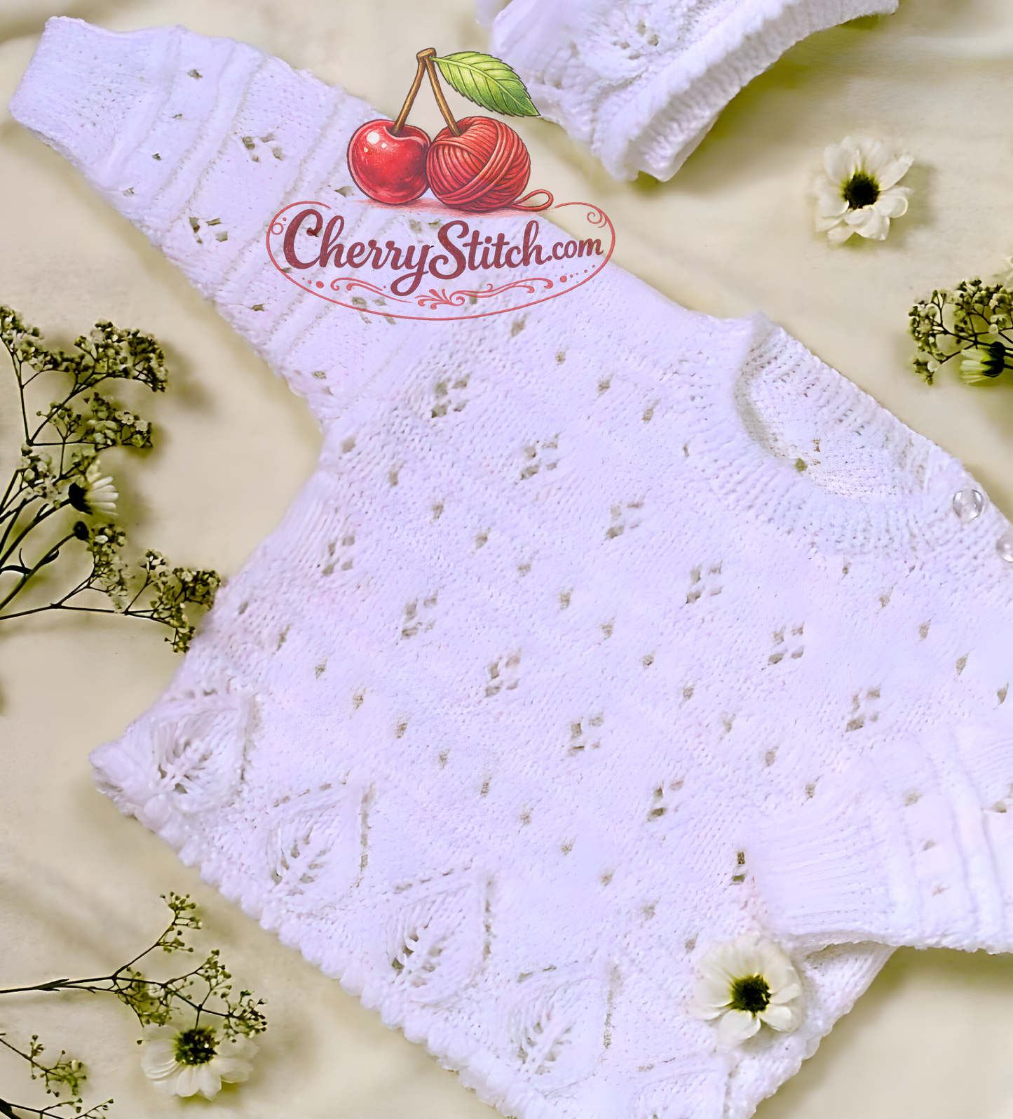 Eyelet lace and leaf lace edge detail from vintage baby sweater and bonnet knitting pattern — DK 8ply yarn, 18''–24'', 3 months to 4 years.


