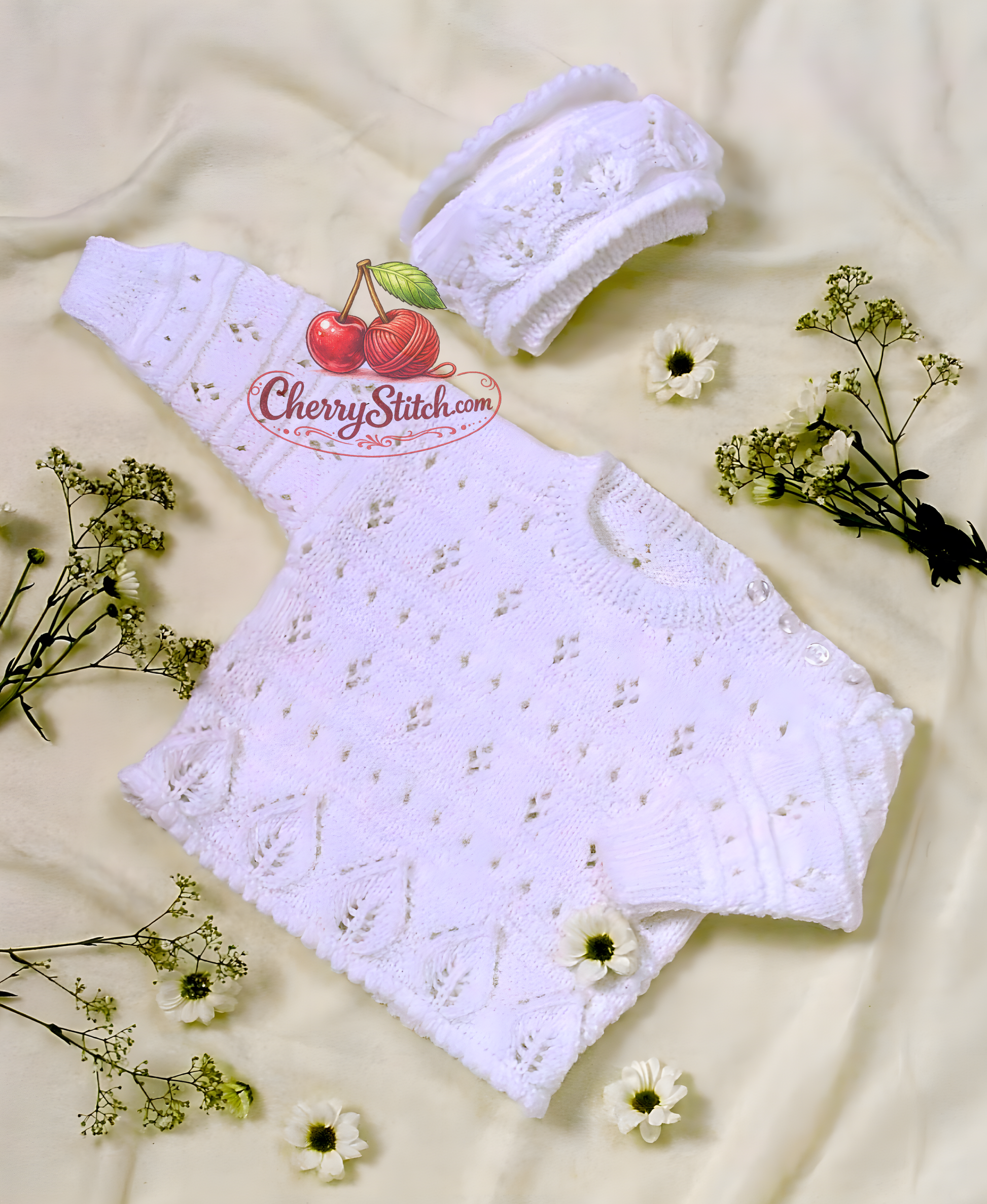 Vintage baby sweater and bonnet knitting pattern — eyelet lace with leaf lace edge, for baby boys and girls. DK 8ply yarn, 18''–24'' (46–61 cm) chest, approx. 3 months to 4 years, 2 sizes. Intermediate knitting.

