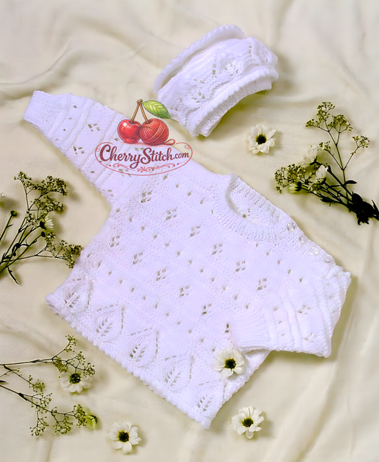 Vintage baby sweater and bonnet knitting pattern — eyelet lace with leaf lace edge, for baby boys and girls. DK 8ply yarn, 18''–24'' (46–61 cm) chest, approx. 3 months to 4 years, 2 sizes. Intermediate knitting.

