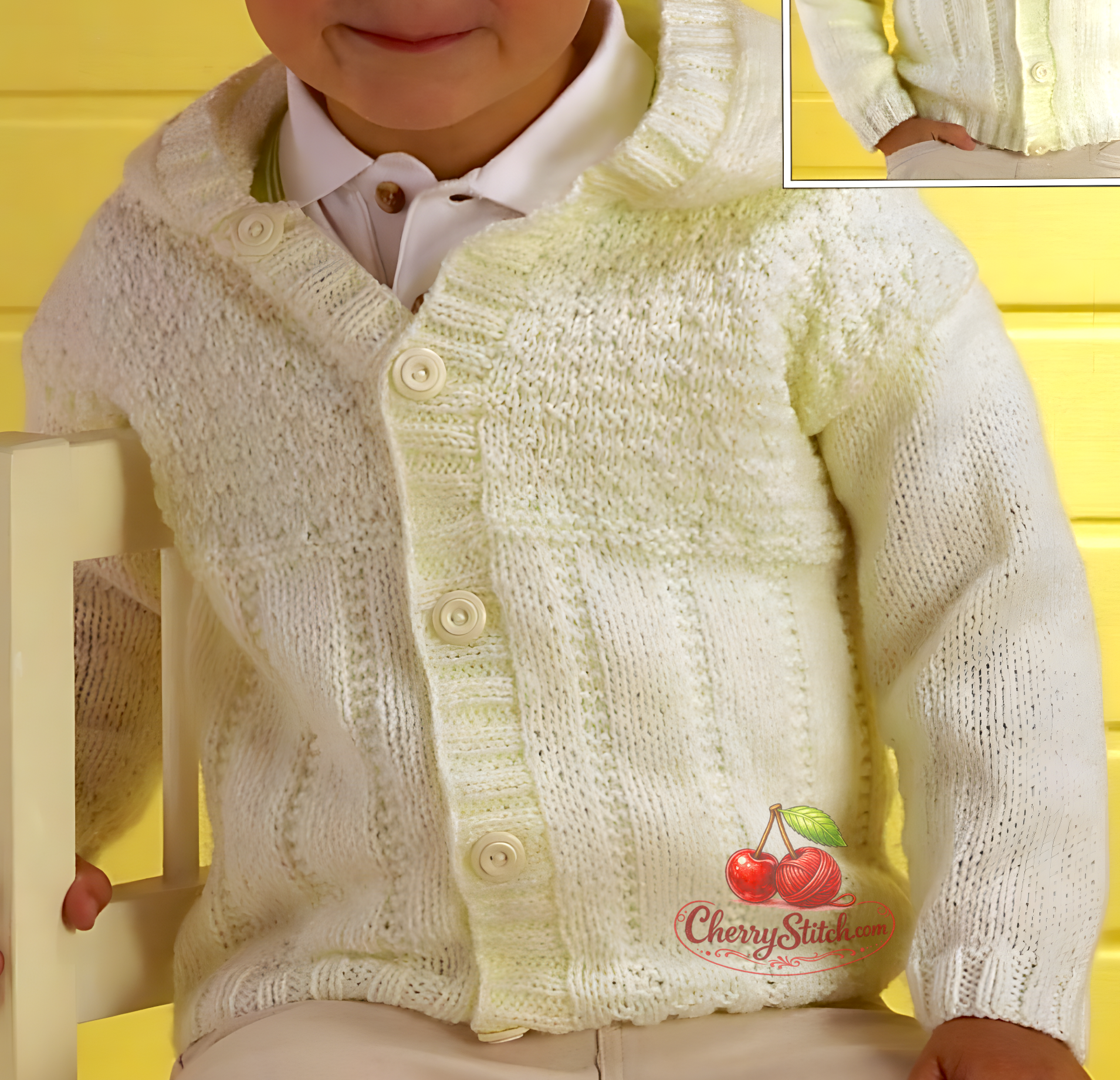 Textured stitch and hood detail from vintage baby and child jacket knitting pattern — hood or collar option, drop shoulders, DK 8ply yarn, 18''–28'', 3 months to 8 years.

