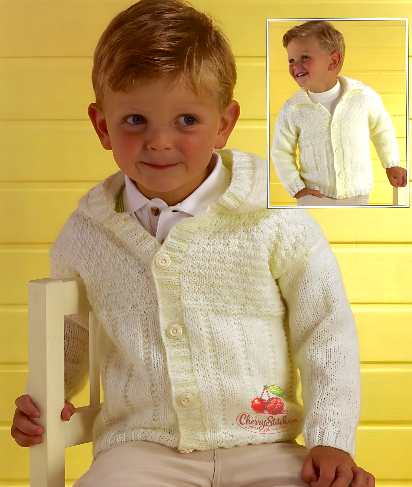 Vintage baby and child jacket with hood or collar knitting pattern — textured stitch panels, drop shoulders, worked bottom up. Large print. DK 8ply yarn, 18''–28'' (46–71 cm) chest, approx. 3 months to 8 years, 6 sizes. Intermediate knitting.


