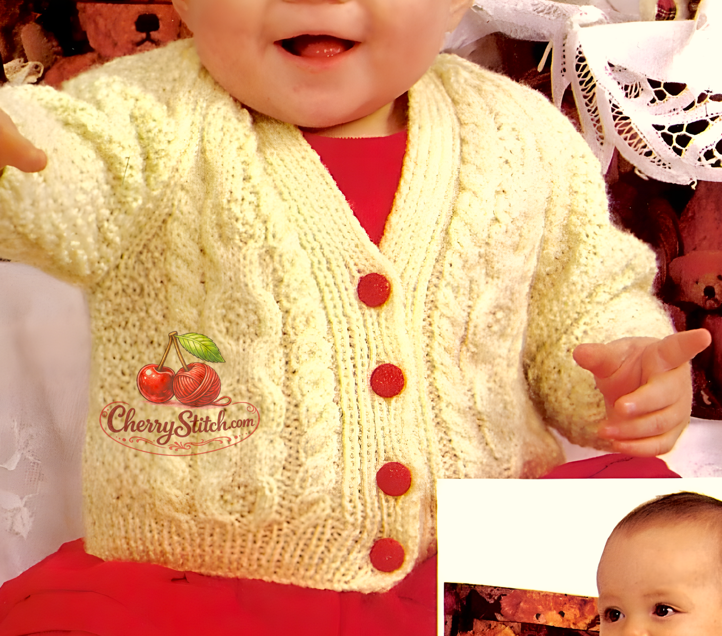 Cable panel detail from vintage baby cardigan and sweater knitting pattern — V-neck raglan cardigan and round neck sweater, DK 8ply yarn, 16''–22'', birth to 2 years.

