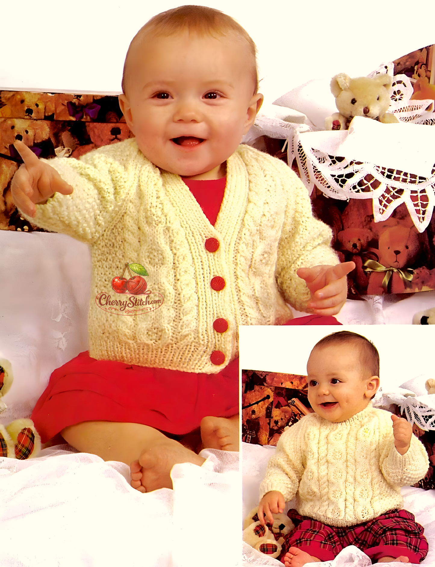 Vintage baby cable cardigan and sweater knitting pattern — V-neck raglan cardigan and round neck sweater with cable panels, for baby boys and girls. DK 8ply yarn, 16''–22'' (40–55 cm) chest, approx. birth to 2 years, 4 sizes. Intermediate knitting.

