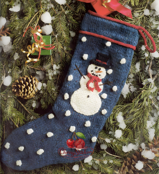 Vintage snowman Christmas stocking knitting pattern — snow bobbles and cute garter stitch snowman ornament stitched in place. Heavy worsted Aran 10ply yarn, approx. 7'' (18 cm) across top, 16.5'' (42 cm) cuff to heel. Intermediate knitting.

