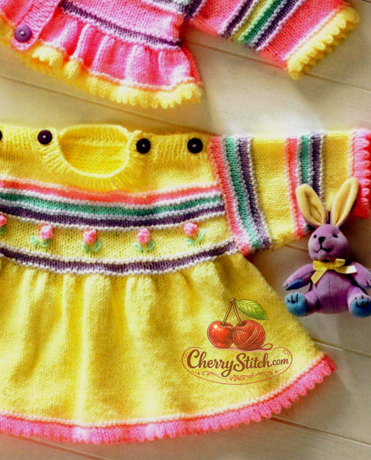 Frilly edge and flower bobble detail from vintage baby girl's dress and cardigan knitting pattern — DK 8ply yarn, 12''–24'', premature to 4 years.

