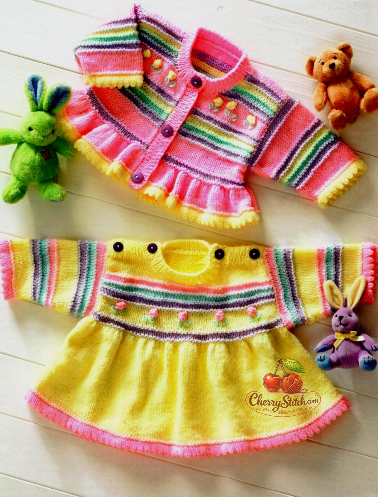 Vintage baby girl's dress and cardigan knitting pattern — frilly edges and flower bobble details, colourful stash buster set. DK 8ply yarn, 12''–24'' (30.5–61 cm) chest, approx. tiny premature baby to 4 years, 7 sizes. Intermediate knitting.

