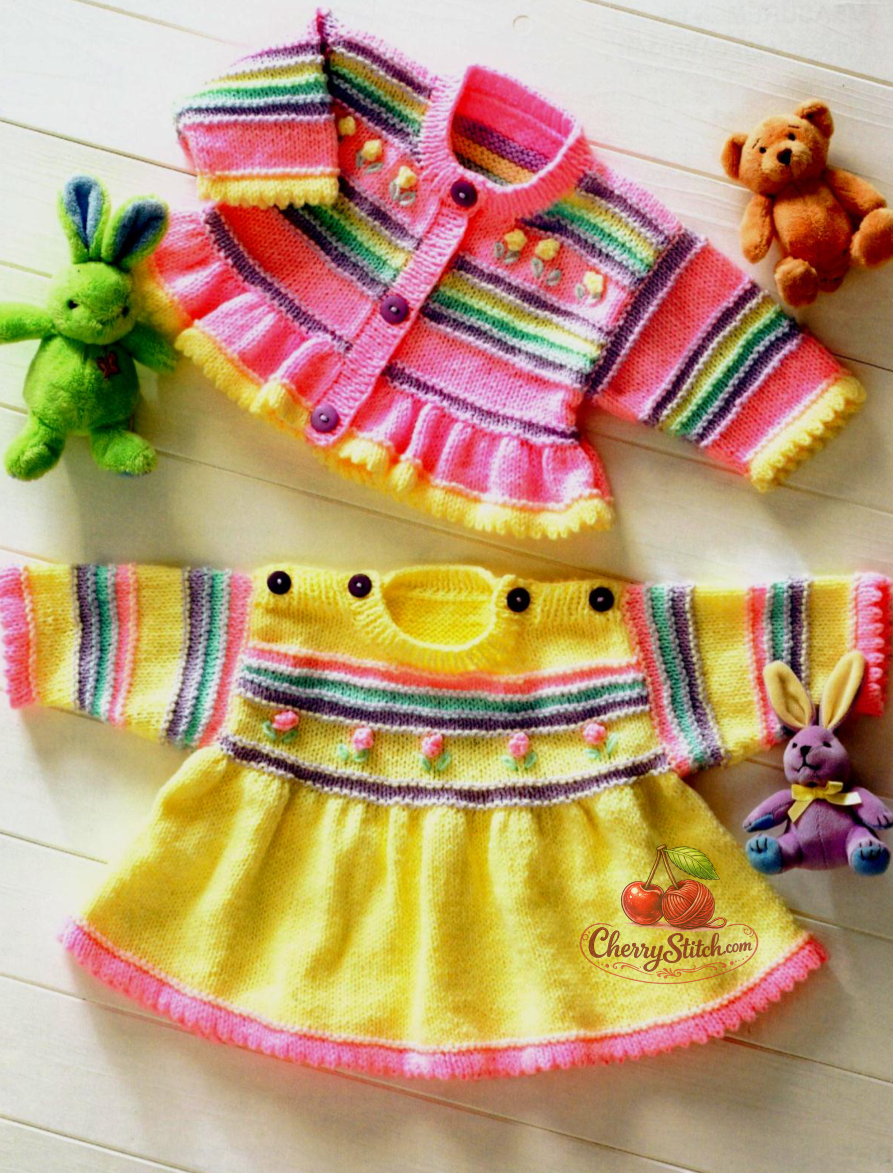Vintage baby girl's dress and cardigan knitting pattern — frilly edges and flower bobble details, colourful stash buster set. DK 8ply yarn, 12''–24'' (30.5–61 cm) chest, approx. tiny premature baby to 4 years, 7 sizes. Intermediate knitting.

