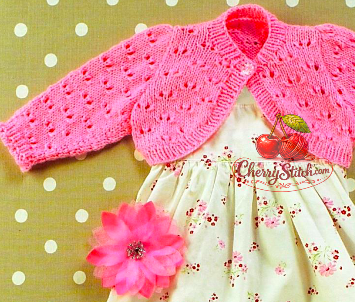 Eyelet lace stitch detail from vintage girl's lacy bolero cardigan knitting pattern — short and long sleeve versions, DK 8ply yarn, 16''–26'', birth to 6 years.

