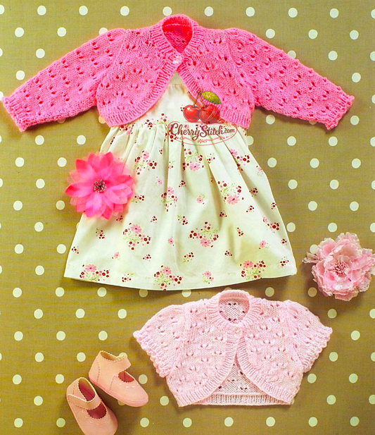 Vintage baby and child girl's lacy bolero cardigan knitting pattern — two versions in eyelet lace stitch, short or long sleeve. DK 8ply yarn, 16''–26'' (41–66 cm) chest, approx. birth to 6 years, 6 sizes. Intermediate knitting.

