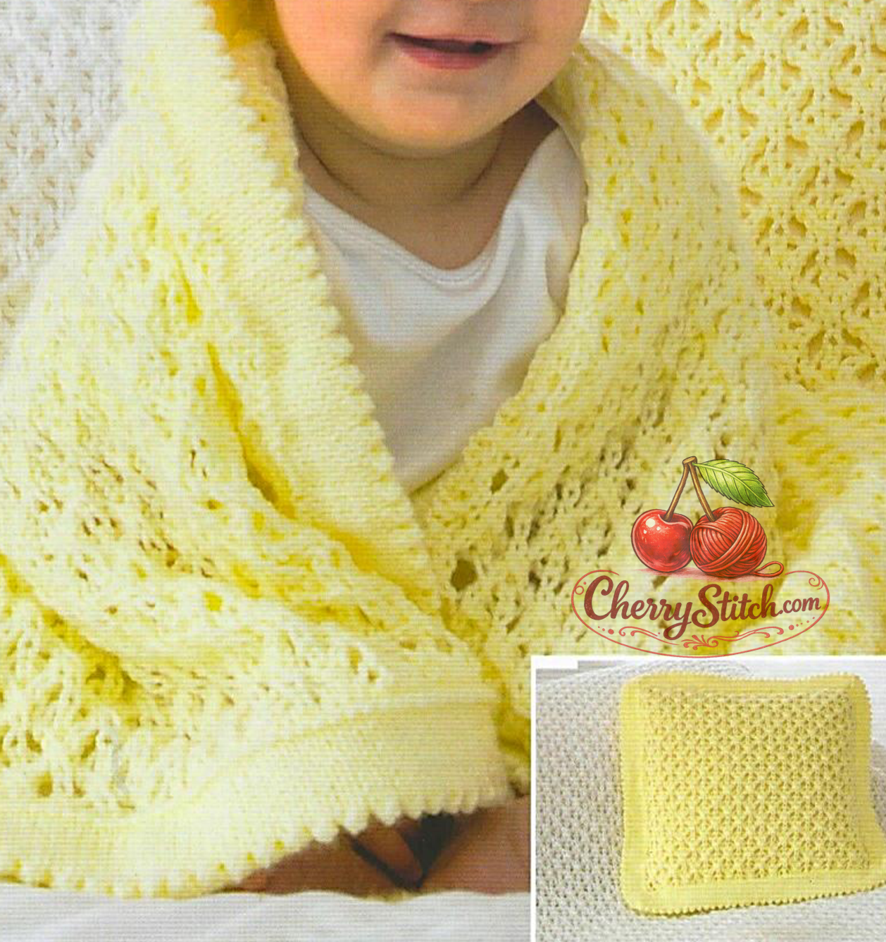 Traditional lace stitch detail from vintage baby blankets and cushion knitting pattern — cot blanket, pram blanket and cushion cover, DK 8ply yarn.

