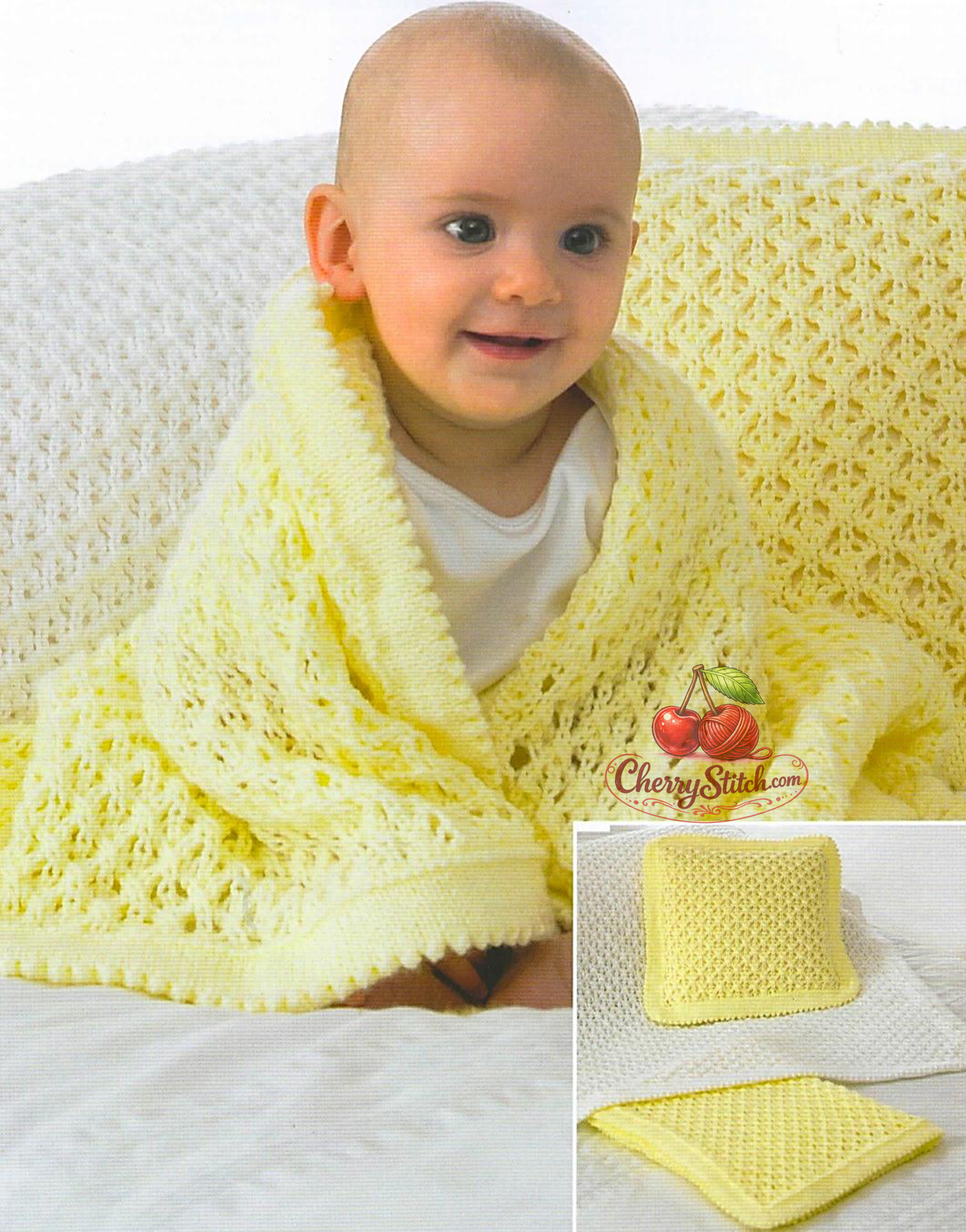 Vintage baby blankets and cushion knitting pattern — 3 designs in traditional lace stitch: cot blanket 96×96 cm, pram blanket 66×81 cm and cushion cover 31×31 cm. DK 8ply yarn. Intermediate knitting.

