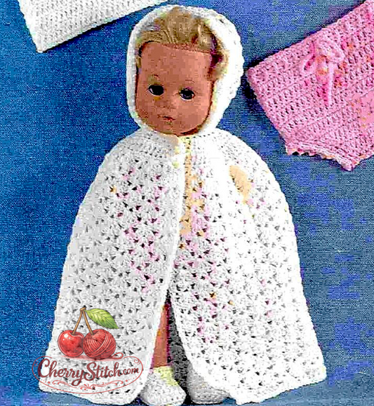 Shell stitch detail from vintage 14'' doll clothes crochet pattern — cape, dress, vest, pants and bootees, DK yarn, fits 14'' doll.