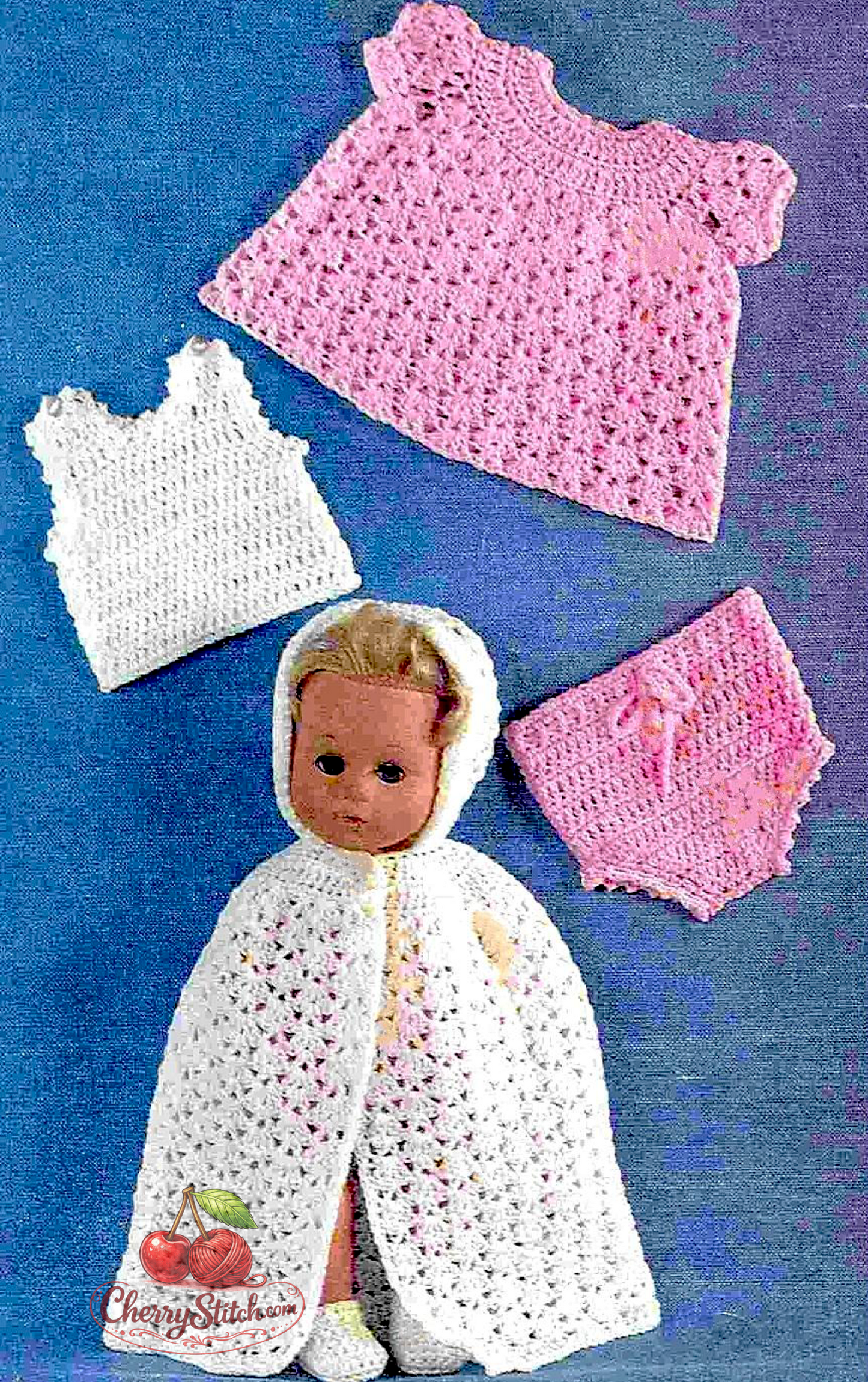 Vintage 14'' doll clothes crochet pattern — 5-piece shell stitch set: cape, dress, vest, pants and bootees. DK 8ply yarn, fits 14'' (36 cm) doll. UK crochet terms. Easy crochet. 1970s.