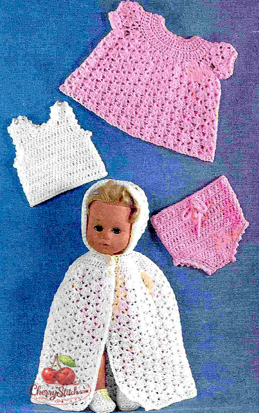 Vintage 14'' doll clothes crochet pattern — 5-piece shell stitch set: cape, dress, vest, pants and bootees. DK 8ply yarn, fits 14'' (36 cm) doll. UK crochet terms. Easy crochet. 1970s.