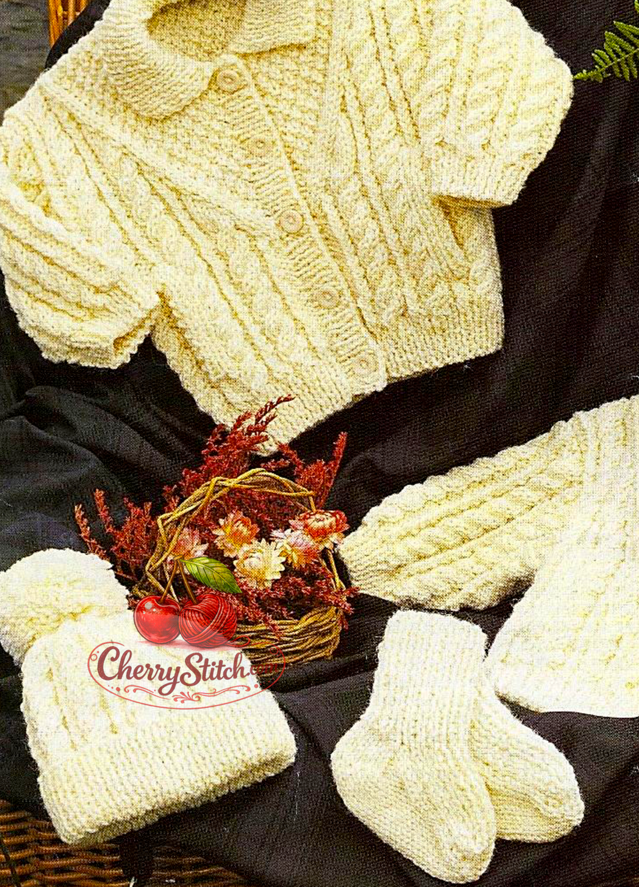 Cable stitch detail from vintage baby and child Fisherman's Aran set knitting pattern — hooded sweater, jacket, hat and socks, Aran 10ply yarn, 16''–30'', birth to 10 years.