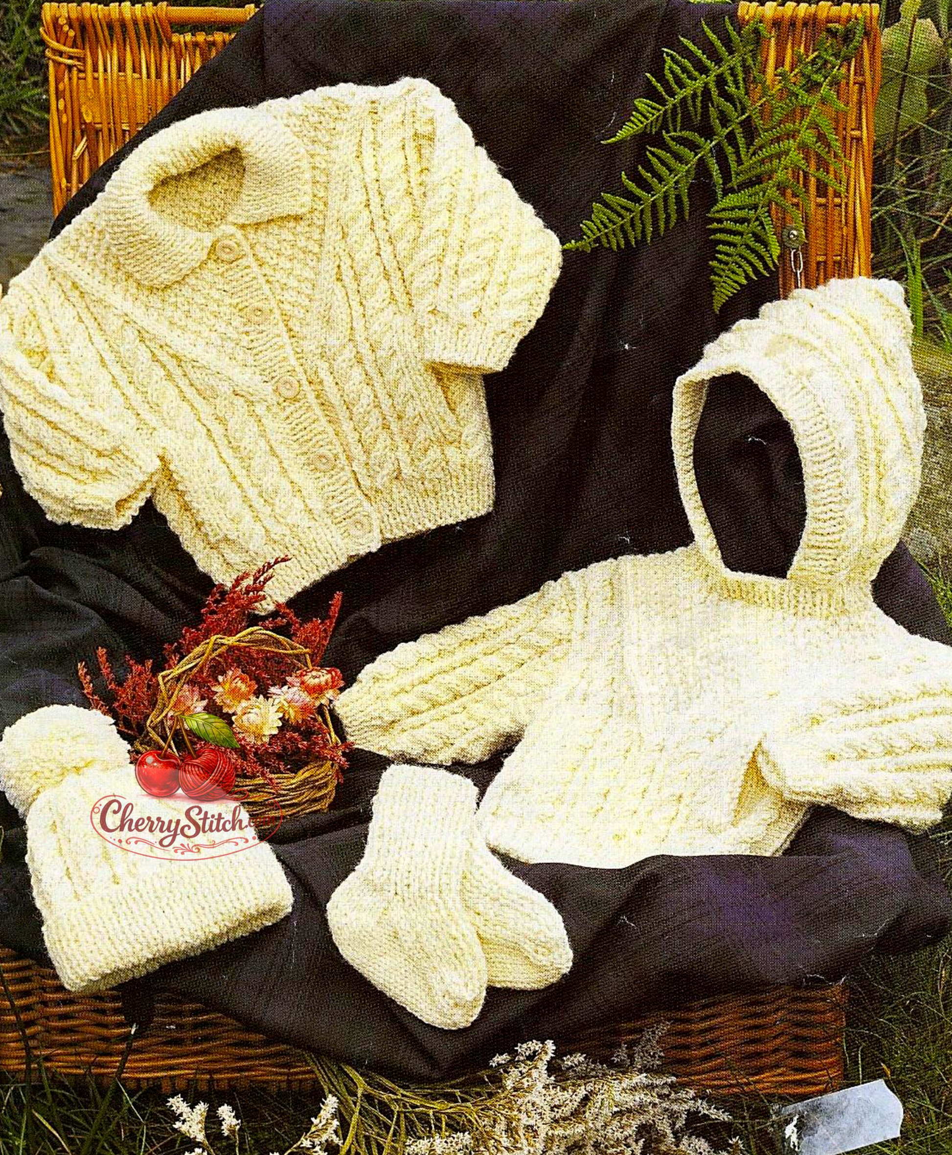 Vintage baby and child Fisherman's Aran cable set knitting pattern — hooded sweater with pockets, jacket, hat and socks. Aran 10ply yarn, 16''–30'' (41–76 cm) chest, approx. birth to 10 years, 8 sizes. Intermediate knitting.