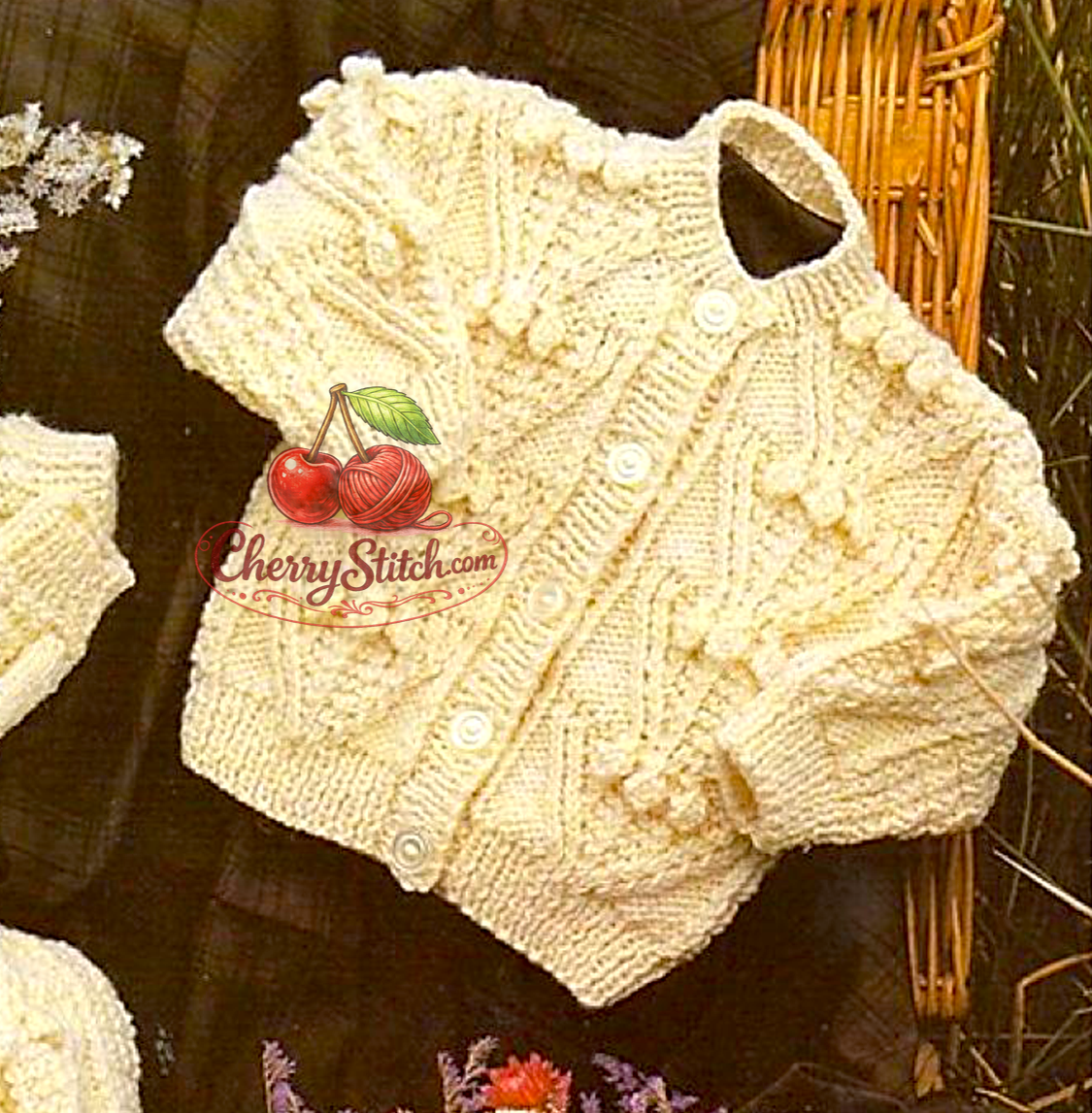 Fisherman's cable and bobble panel detail from vintage baby and child Aran cardigan, mittens and hat set knitting pattern — V-neck and round neck, Aran 10ply yarn, 16''–30'', birth to 10 years.

