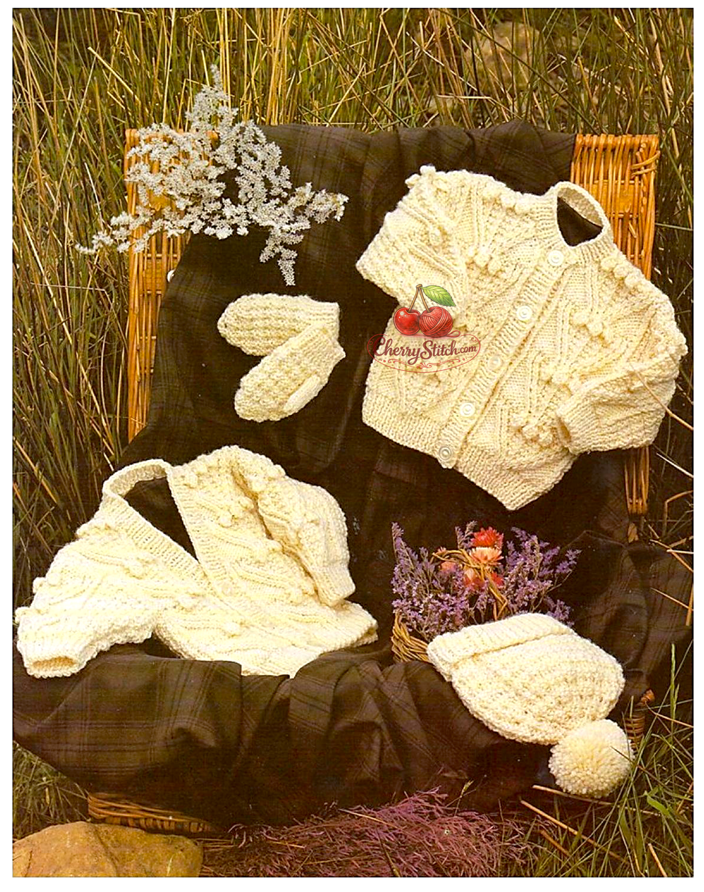 Vintage baby and child Aran cardigan, mittens and hat set knitting pattern — V-neck and round neck cardigans with traditional Fisherman's cable and bobble panels, plus matching mittens and hat. Aran 10ply yarn, 16''–30'' (41–76 cm) chest, approx. birth to 10 years, 8 sizes. Intermediate knitting.

