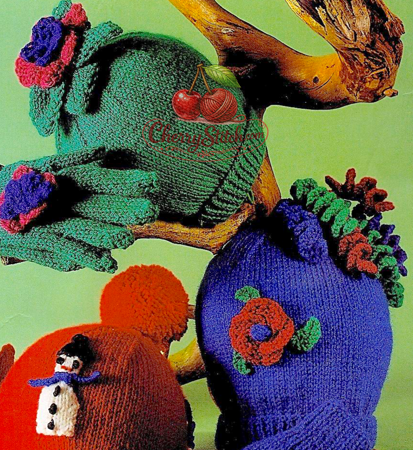 Snowman, flower and spiral tassel ornament detail from vintage children's hat, gloves and mittens sets knitting pattern — ornaments worked separately, DK 8ply yarn, 18 months to 13 years, 1970s.

