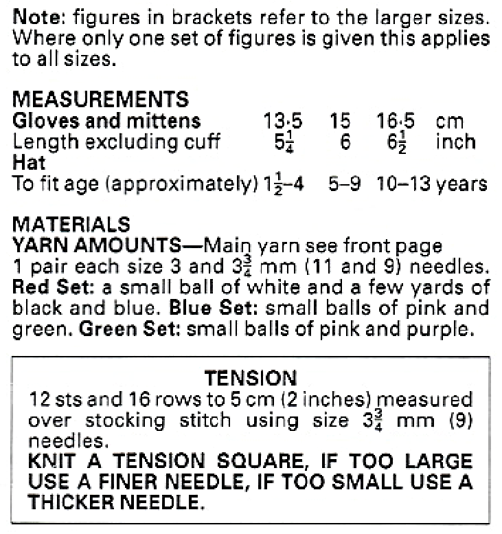 Materials and measurements for vintage children's hat, gloves and mittens sets knitting pattern — 3 designs, DK 8ply yarn, 3mm and 3.75mm knitting needles, 18 months to 13 years.

