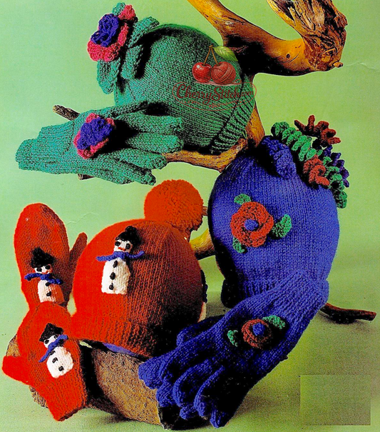 Vintage children's hat, gloves and mittens sets knitting pattern — 3 designs: snowman, flower, and flower and tassel spirals; ornaments knitted separately and sewn in place. DK 8ply yarn, approx. 18 months to 13 years, 3 sizes. Easy knitting. 1970s.

