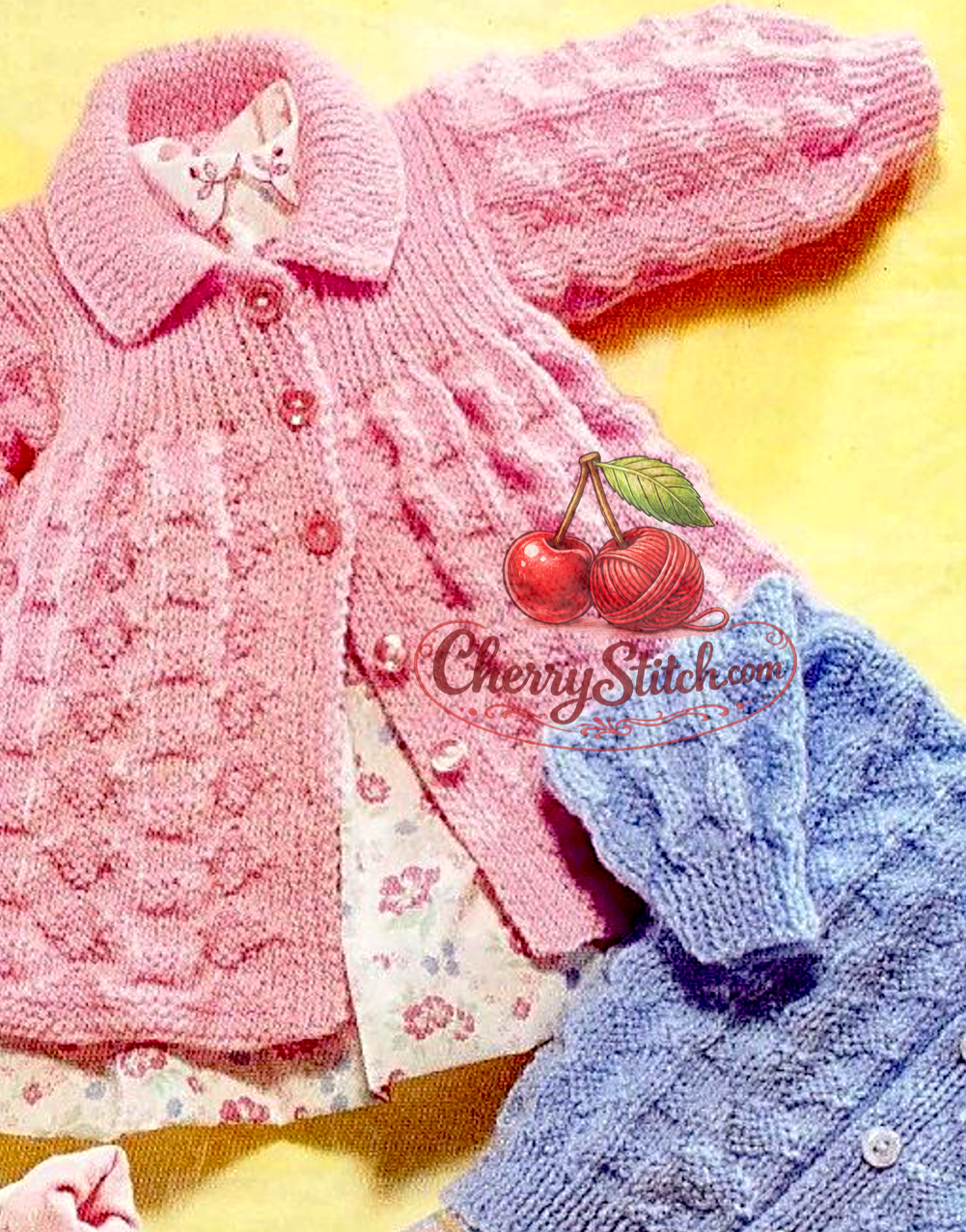 Textured stitch detail from vintage baby cardigan and matinee jacket knitting pattern — DK 8ply yarn, 14''–20'', premature baby to 12 months.