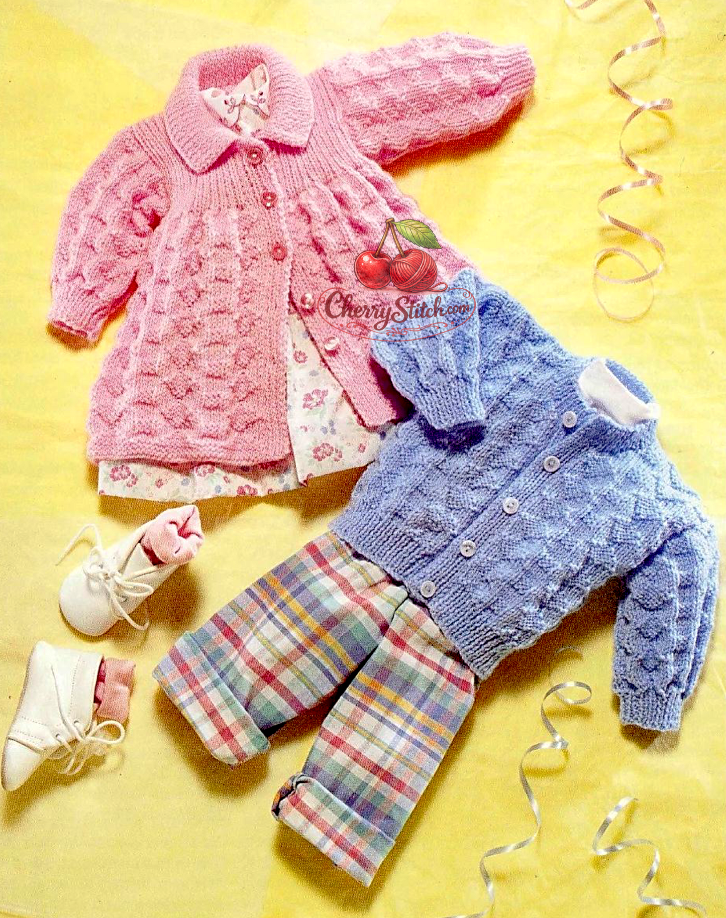 Vintage baby cardigan and matinee jacket knitting pattern — 2 garments, both in the same textured stitch pattern. DK 8ply yarn, 14''–20'' (35–50 cm) chest, approx. premature baby to 12 months. Intermediate knitting.