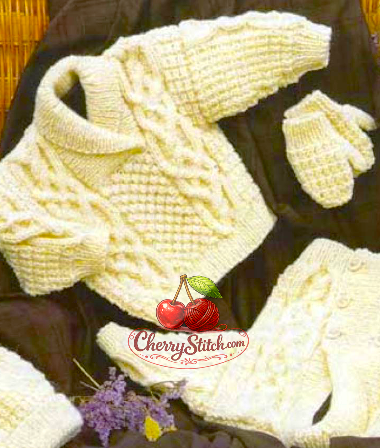 Aran cable stitch detail from vintage baby and child jacket, sweater, hat and mittens knitting pattern — double-breasted, shawl collar, 10ply yarn, 16''–30'', birth to 10 years.