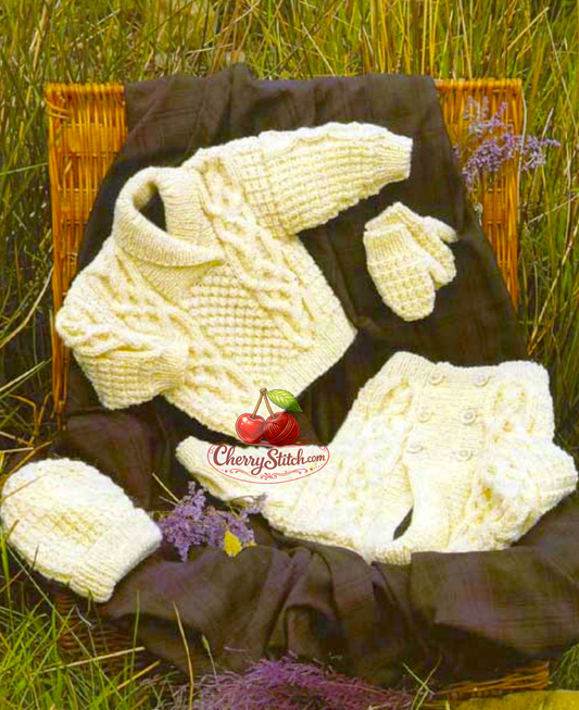 Vintage baby and child Aran cable set knitting pattern — double-breasted jacket, shawl collar sweater, cap and mittens. Traditional Aran cable stitch throughout. Aran 10ply yarn, 16''–30'' (41–76 cm) chest, approx. birth to 10 years, 8 sizes. Intermediate knitting.