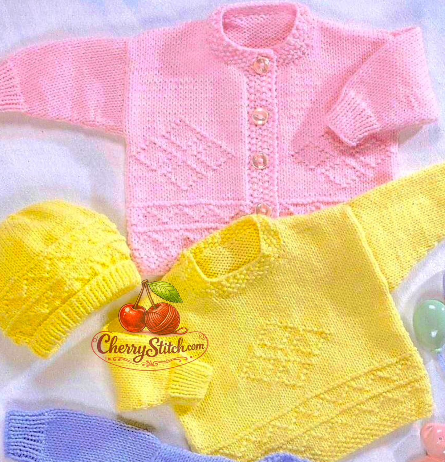 Diamond panel detail from vintage baby and child Aran sweater, cardigan and hat knitting pattern — V-neck and round neck options, Aran 10ply yarn, 16''–24'', birth to 4 years.