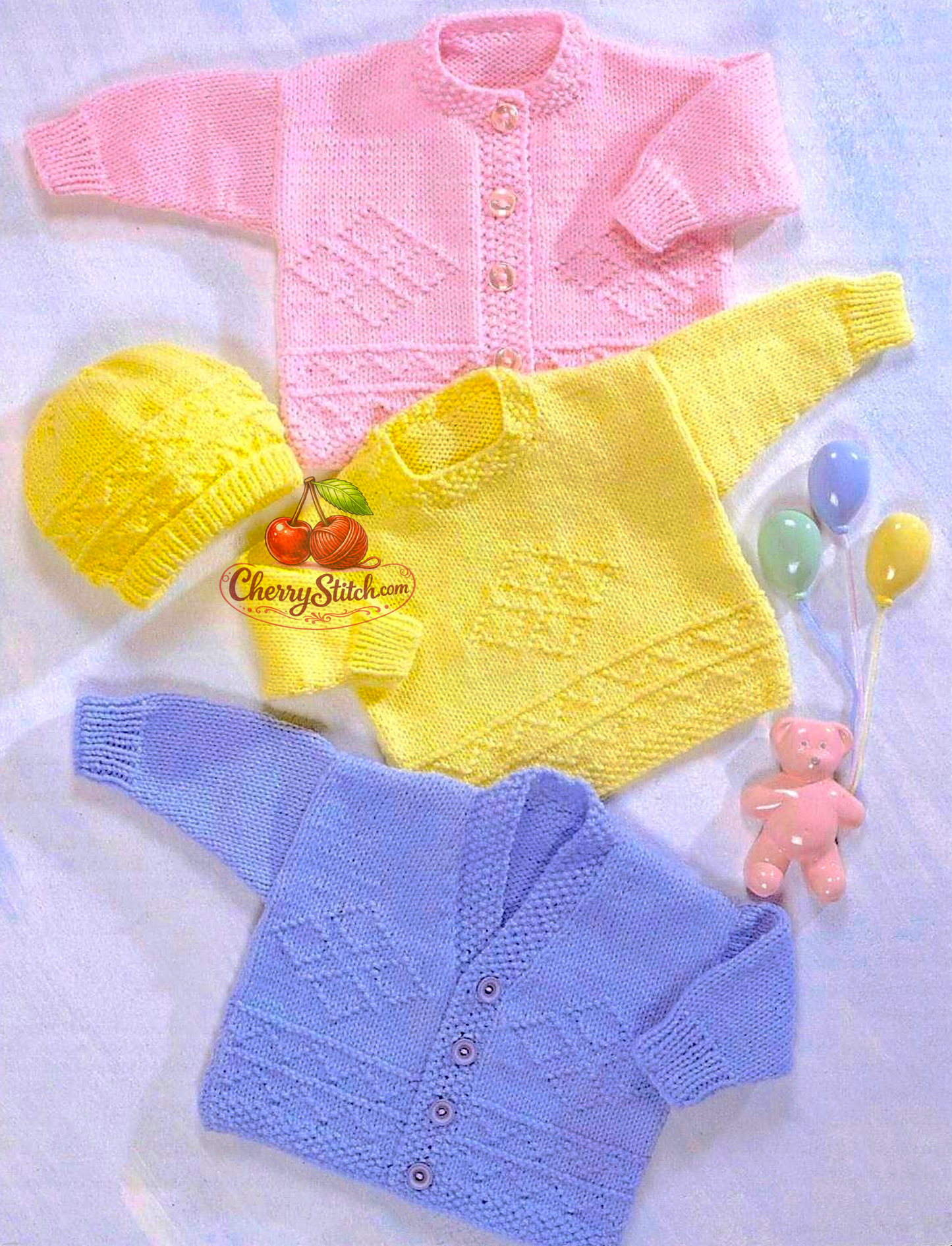 Vintage baby and child Aran diamond panel sweater, cardigan and hat knitting pattern — V-neck and round neck cardigans, worked bottom up. Aran 10ply yarn, 16''–24'' (40–60 cm) chest, approx. birth to 4 years. Intermediate knitting.
