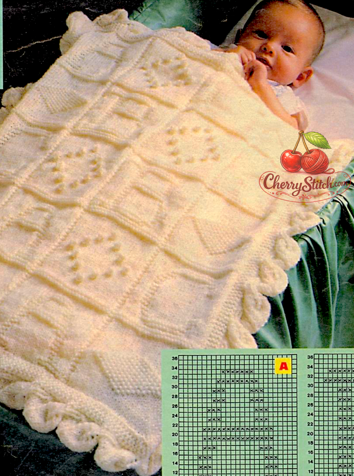 ABC and diamond motif detail from vintage baby heirloom blanket knitting pattern — decorative leaf edging, DK 8ply yarn, 47×58.5 cm.