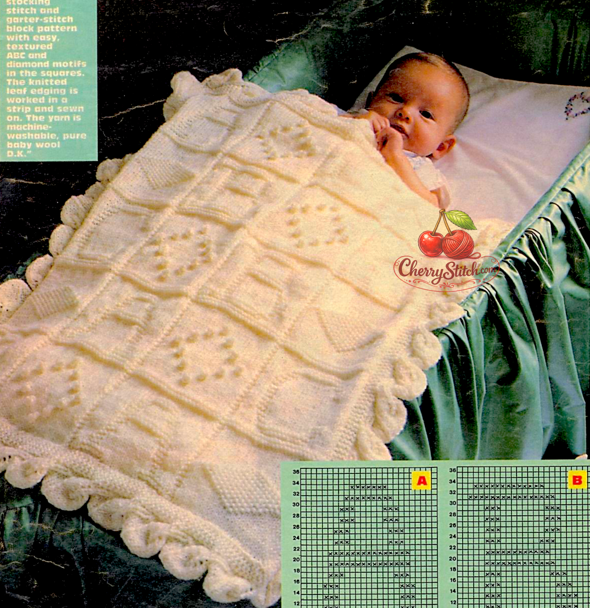 Vintage baby heirloom blanket knitting pattern — ABC and diamond motifs throughout, decorative leaf edging, worked in one piece. DK 8ply yarn, approx. 47×58.5 cm (18.5''×23'') excluding edging. Intermediate knitting. 1960s.