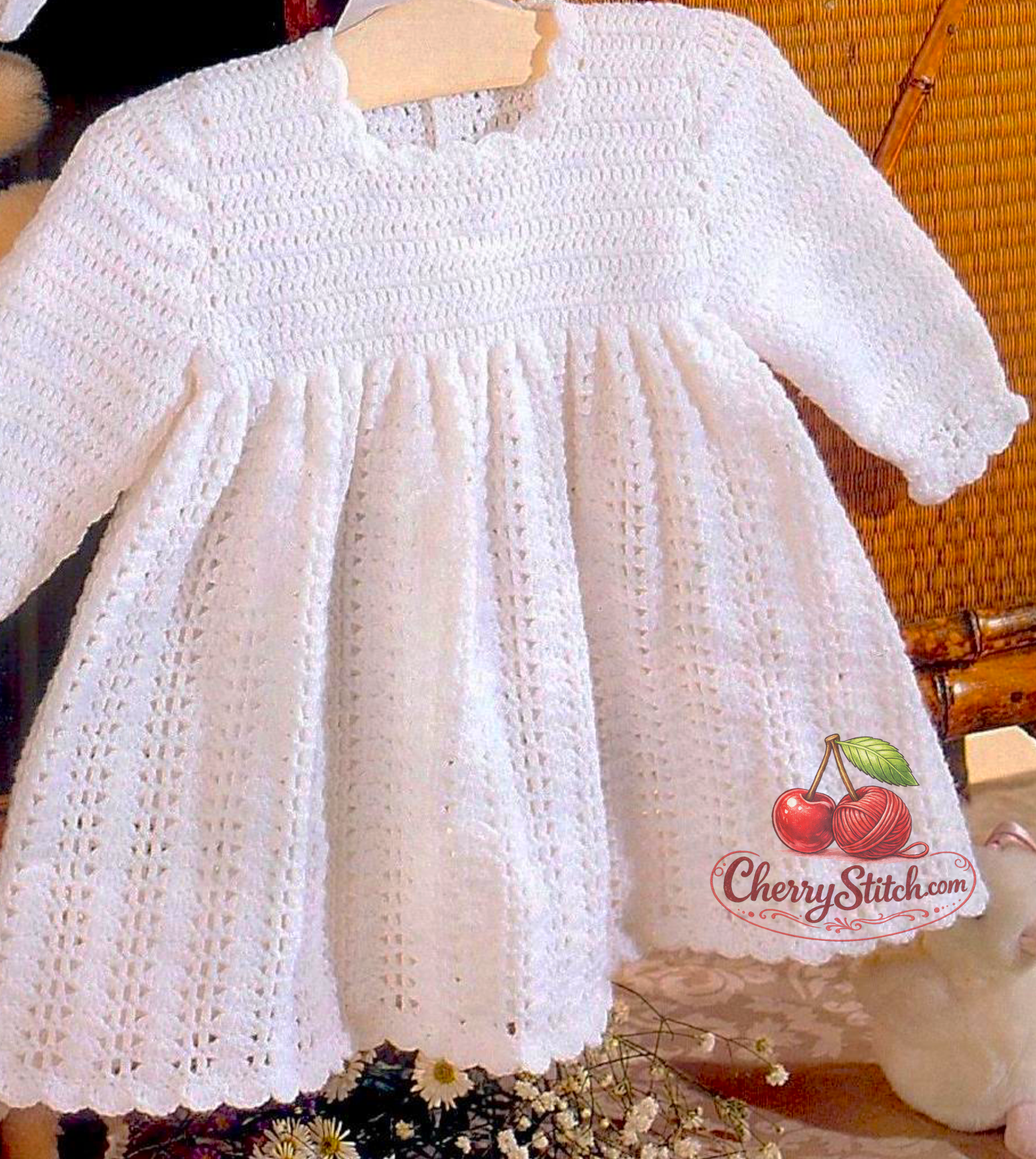 Shell stitch detail from vintage baby dress, bonnet and bootees crochet pattern — christening set, 4ply yarn, 16''–20'', birth to 18 months.