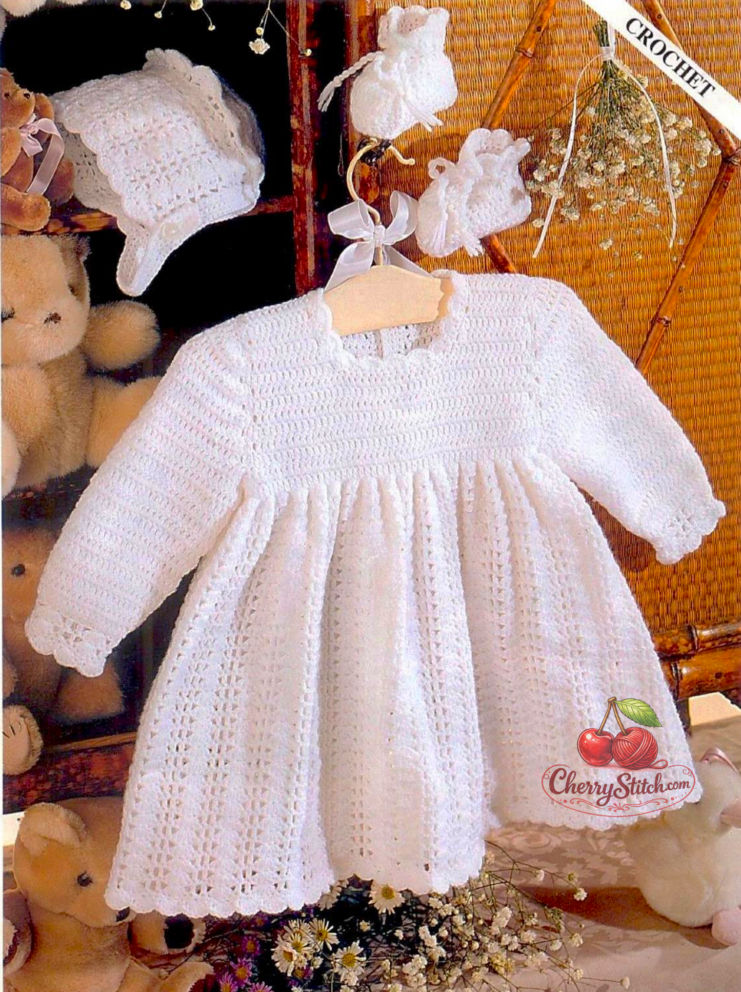 Vintage baby dress, bonnet and bootees crochet pattern — shell stitch set, perfect for christenings and special occasions. UK crochet terms. 4ply yarn, 16''–20'' (41–51 cm) chest, approx. birth to 18 months. Intermediate crochet.